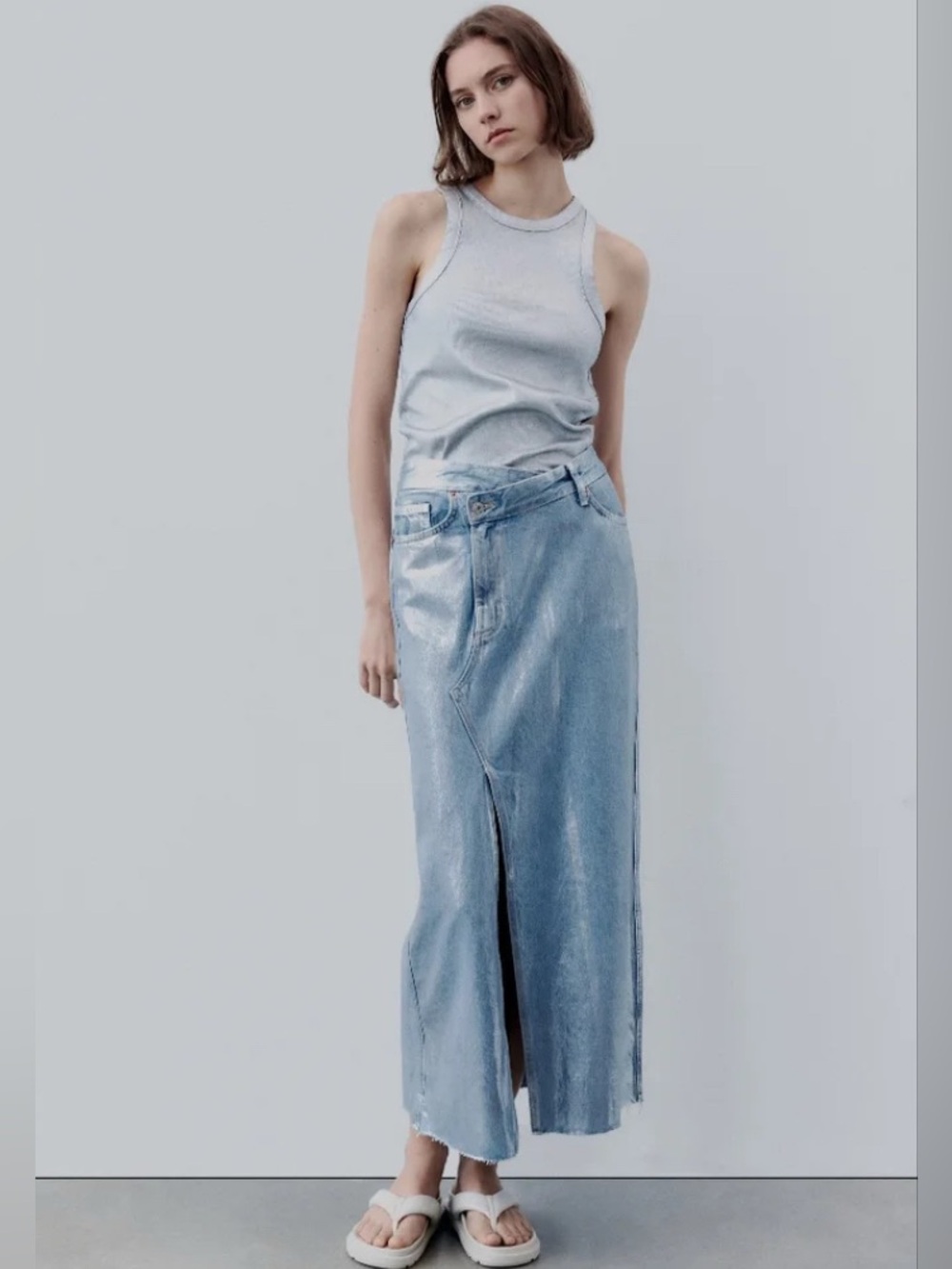 Zara Asymmetric Mid Skirt in Denim/Silver - XS